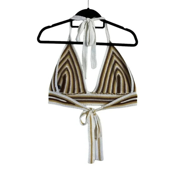 Windsor Crochet Striped Crop Top Size XL Brown Beige White V Neck Tie On Blouse - Picture 2 of 12